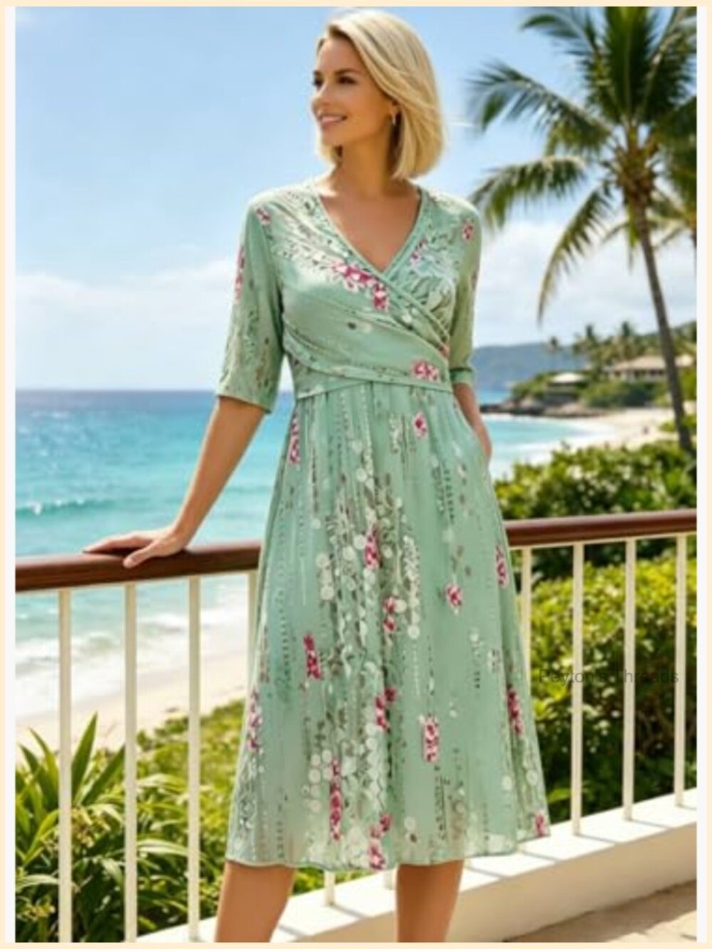 Pleated 3/4 Sleeve Midi Dress with Side Pockets - Picture 6 of 7
